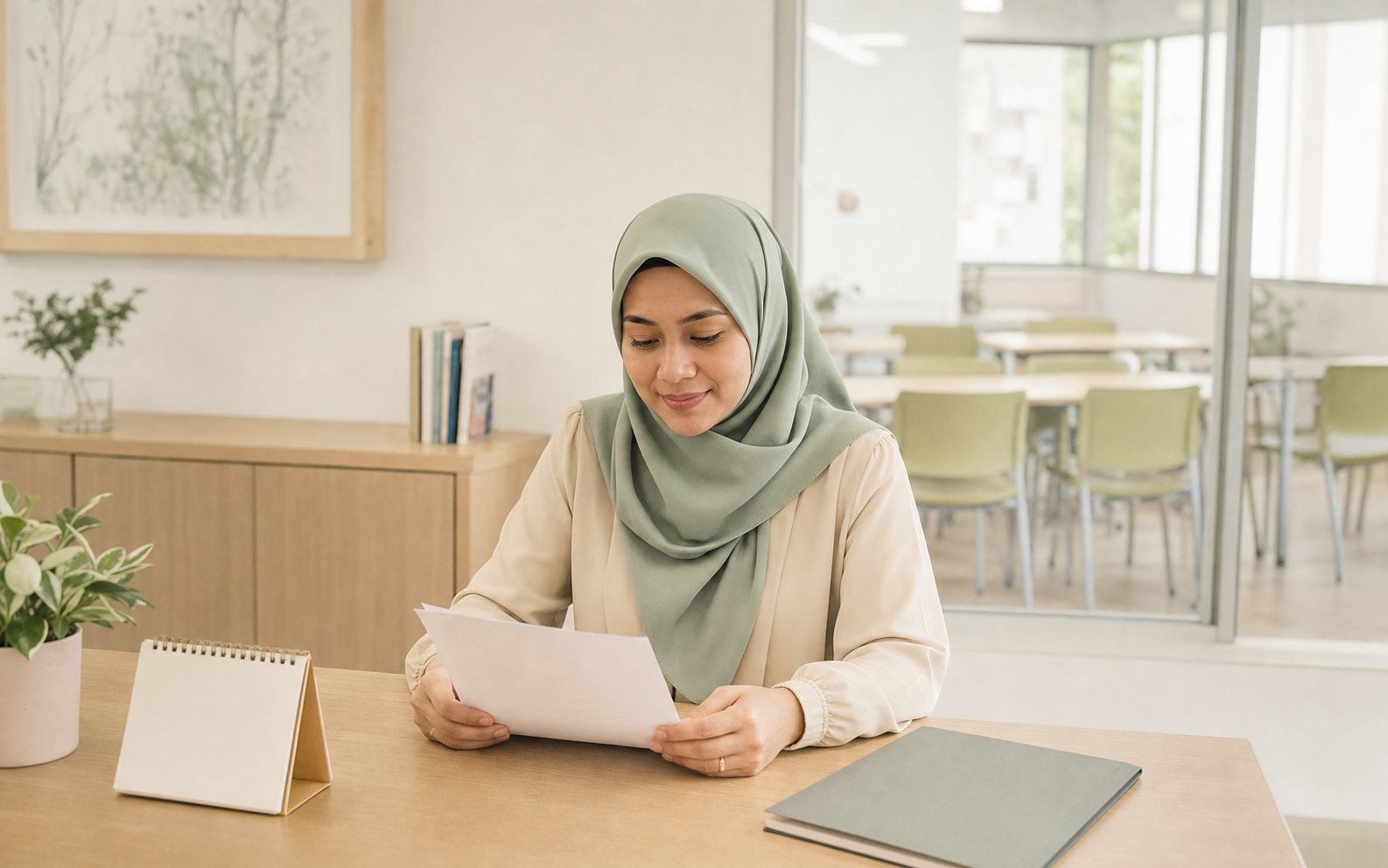 An educator quietly reviewing a leave request beside a paper calendar