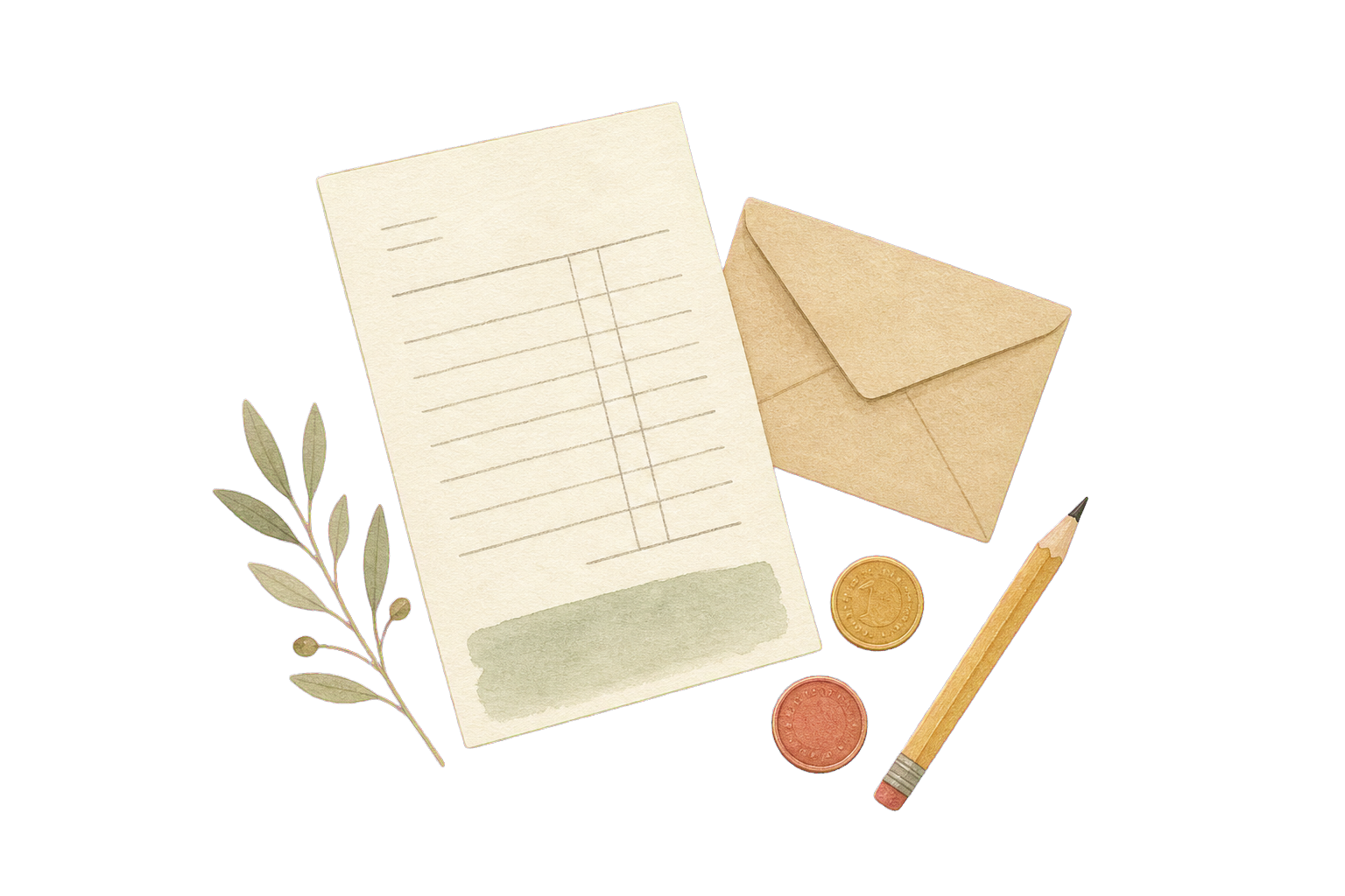 Hand-drawn receipt, envelope, coins and pencil