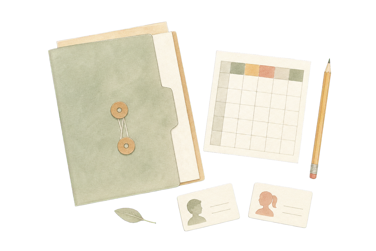 Hand-drawn enrolment folder, timetable and pencil