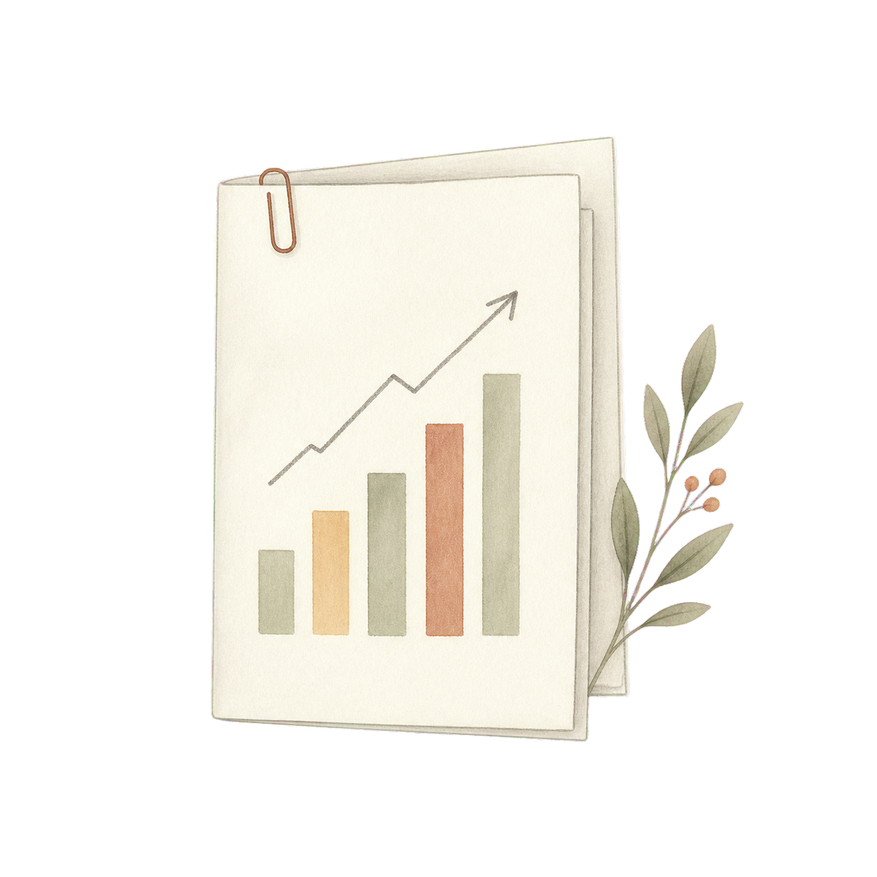 Hand-drawn report with a rising chart and branch