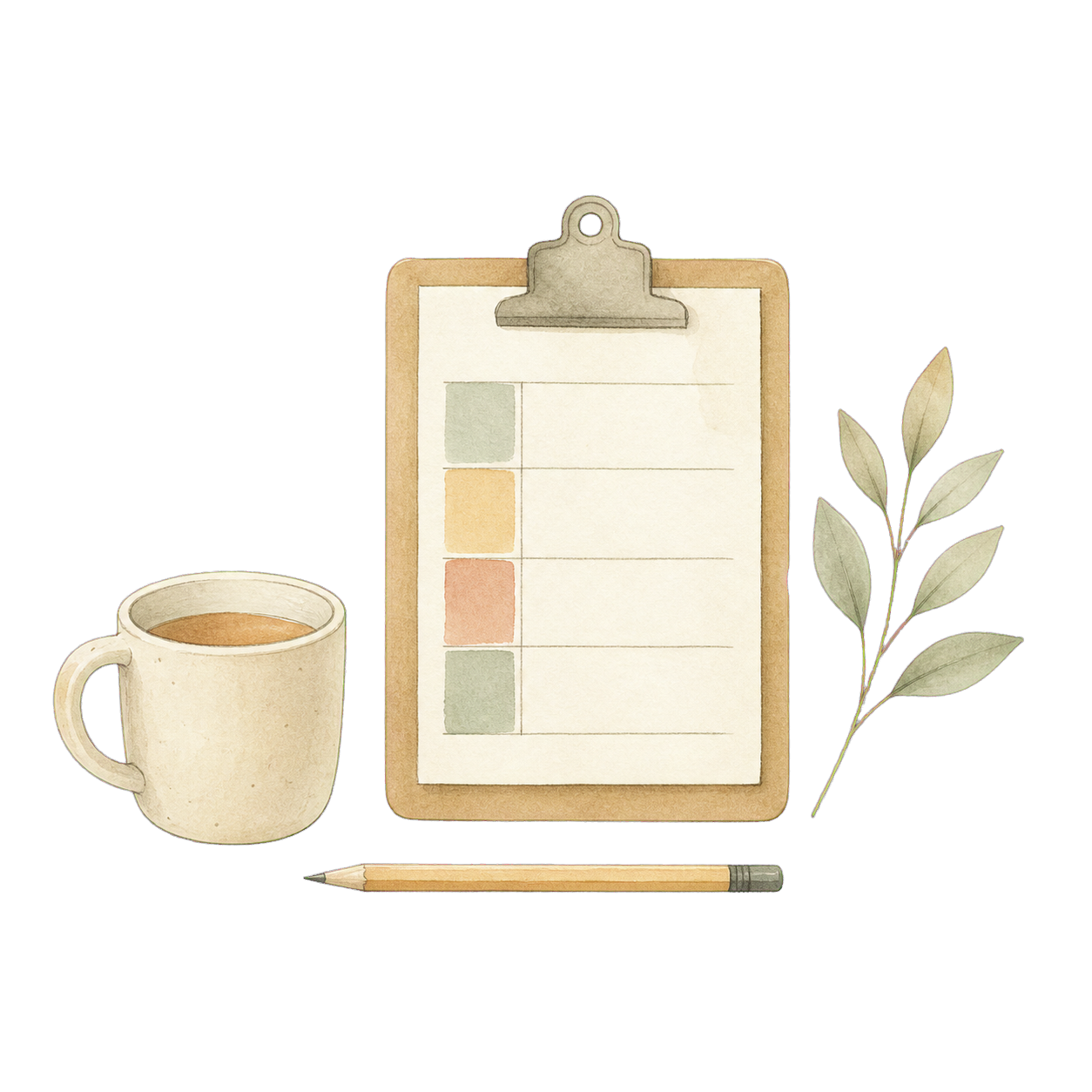 Hand-drawn staff clipboard, tea mug and pencil
